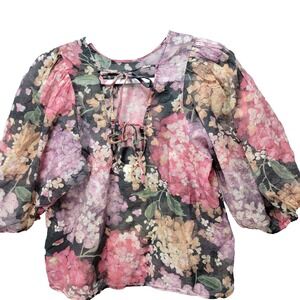 HM Hydrangea Fairy Loose Blouse‎ Womens M Multicolor Floral Tie Back Sheer